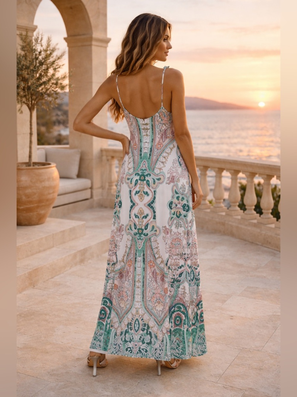 White & Green Printed Maxi Dress Mediterranean Resort Luxe Spaghetti Strap Flowy - Picture 2 of 4